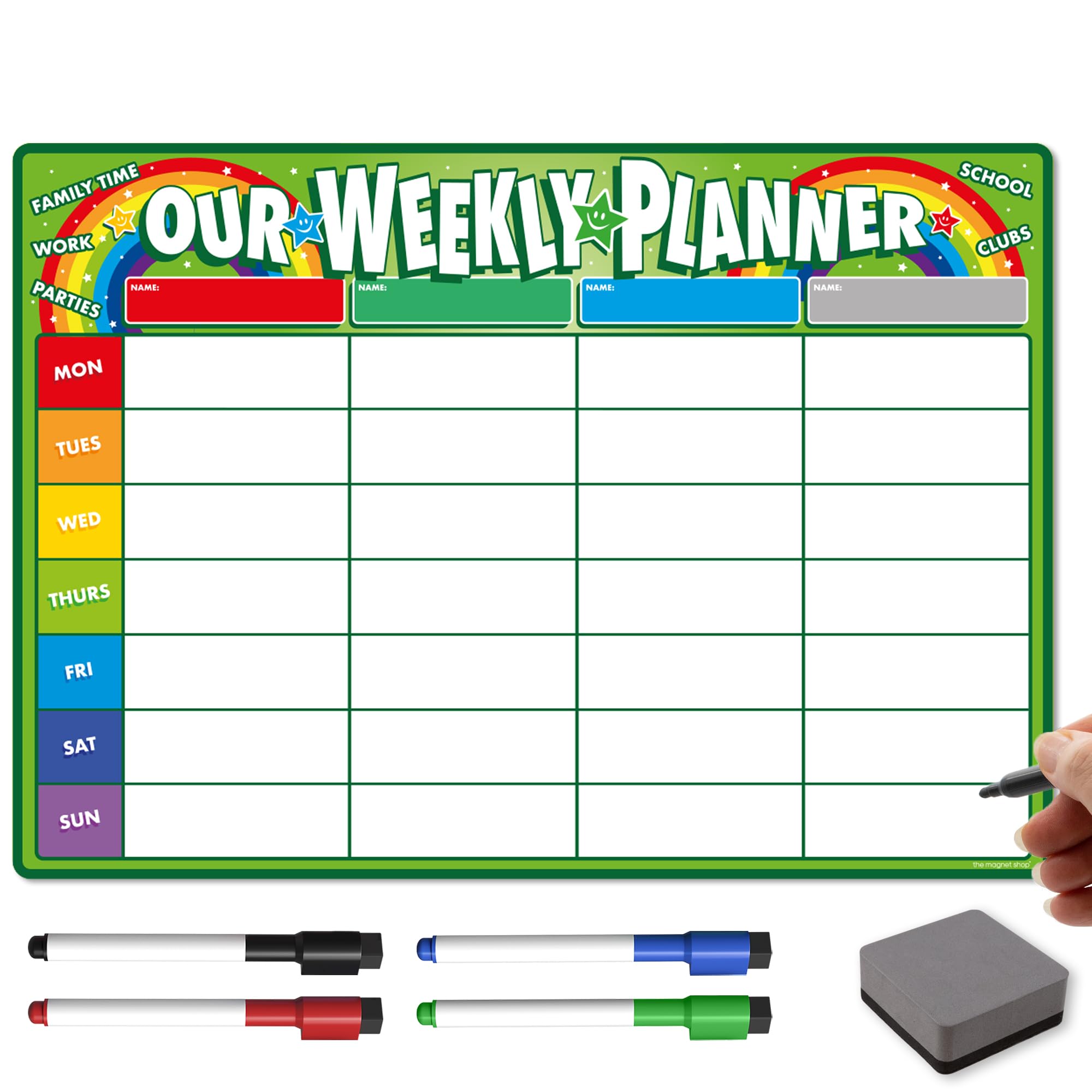 The Magnet Shop Weekly Family Planner A3 / A4 - Magnetic Dry Wipe Whiteboard for Organising Your Chores, Meals, Home, School. Use as a Fridge Magnet with 4 Multi-Coloured Pens and Eraser (Green, A3)