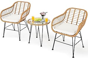 DORTALA 3 Pieces Patio Conversation Set, Rattan Leisure Chairs & Round Glass Tea Table Set, Indoor Outdoor Wicker Bistro Furn