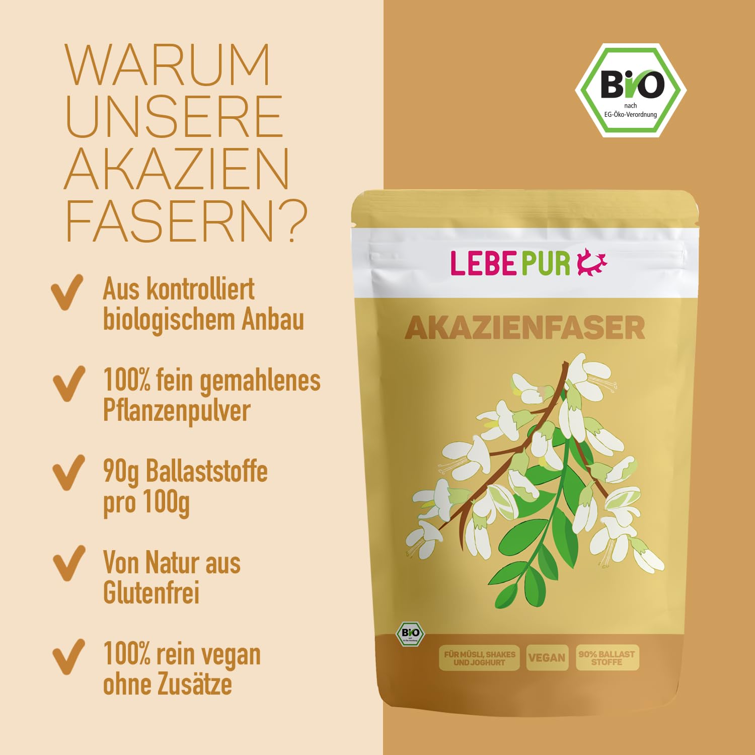 Lebepur BIO Akazienfasern vegan 500g, 90% Ballaststoffe, geschmacks- und geruchsneutral, Akazienfaser Pulver, glutenfrei, ohne Zusatzstoffe, hoher Ballaststoffgehalt mit 90g pro 100g 3