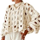 Wyeysyt Hollow Out Pullover Sweaters for Women Oversized Long Sleeve Crew Neck Sweater Chunky Crochet Knitted Top