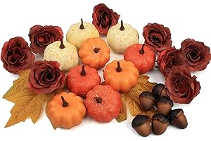 Ghrdopy Fake Pumpkins, 25 Pcs Orange Artificial Pumpkins with Maple Leaves, Plastic Pumpkin Acorns Rose Artificial Flowers Fall Decoration Kit for Thanksgivin Table Decoration