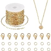 Pandahall 16.4 Feet 18K Gold Plated Paperclip Chain Stainless Steel Chains 6x2.5x0.6mm Textured Paperclip Chain Link Roll with Lobster Clasps Jump Rings for DIY Necklace Jewelry Making