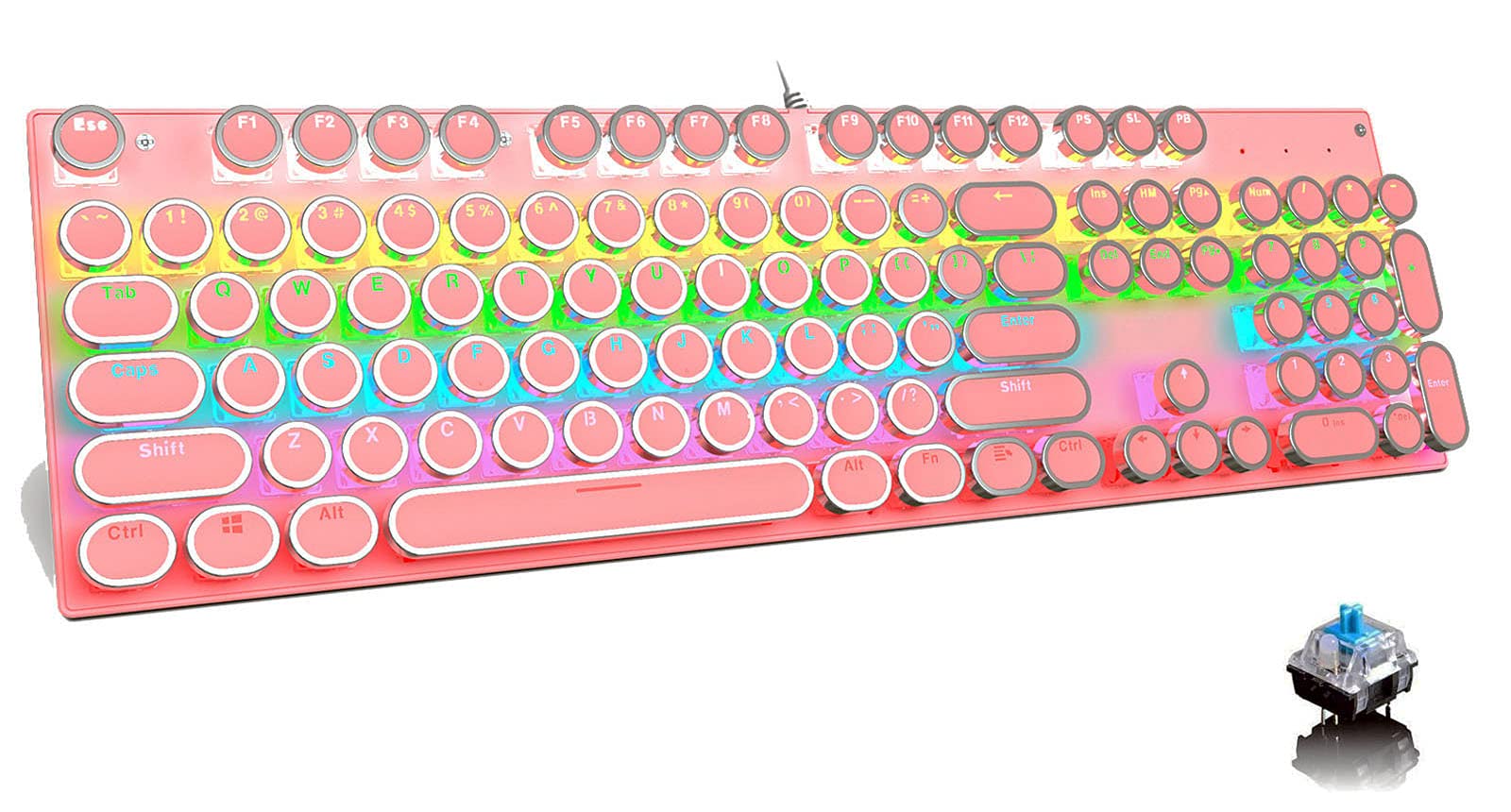 Ltvystore Gaming Keyboard,Pink Retro Punk Typewriter Style,Mechanical Keyboard 104 Keys Blue Switch with 9 True RGB Backlight Modes,Wired Cute Keyboard, Round Keycaps for Windows/Mac/PC