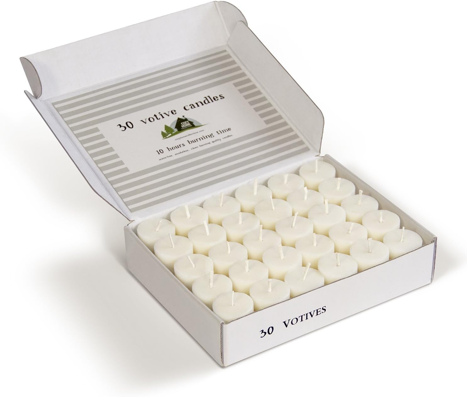 Cozy Home Collection Candles for Home Decor Box of 30. Clean Burning Candles. White. 100% Scent-Free. Versatile. Protective Package. Cotton Wick. Palm Wax.
