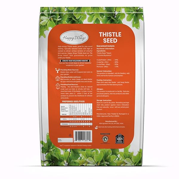 HAPPY WINGS NYJER THISTLE SEEDS FOR WILD BIRDS 15 LBS NO GROW PREMIUM BIRD SEED ATTRACTS FINCHES, GOLDFINCHES, IDEAL FOR YEAR-ROUND FEEDING HIGH IN PROTEIN AND ENERGY.