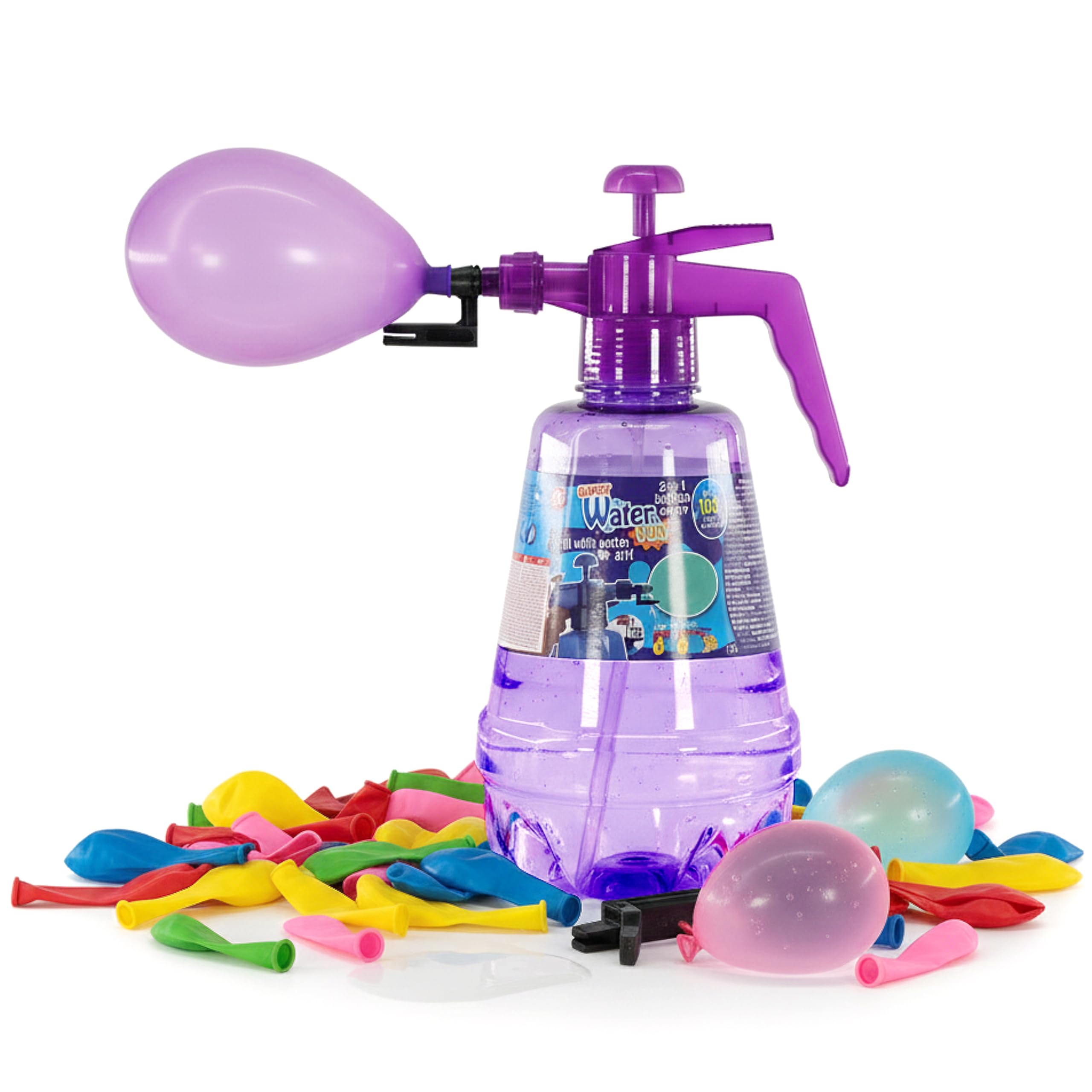 The Magic Toy Shop 2 in 1 Air & Water Balloon Pump with Knotting Tool & 100 Balloons - 1.7L Manual Filler Bottle for Kids Garden Parties, Birthdays & Summer Water Fights, Boys & Girls