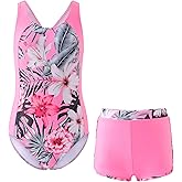 Kukume Girls One Piece Swimsuits 2 Piece Girl Bathing Suit with Tropical Print Cover Up Shorts Teen Kids Swimwear 5-13Y