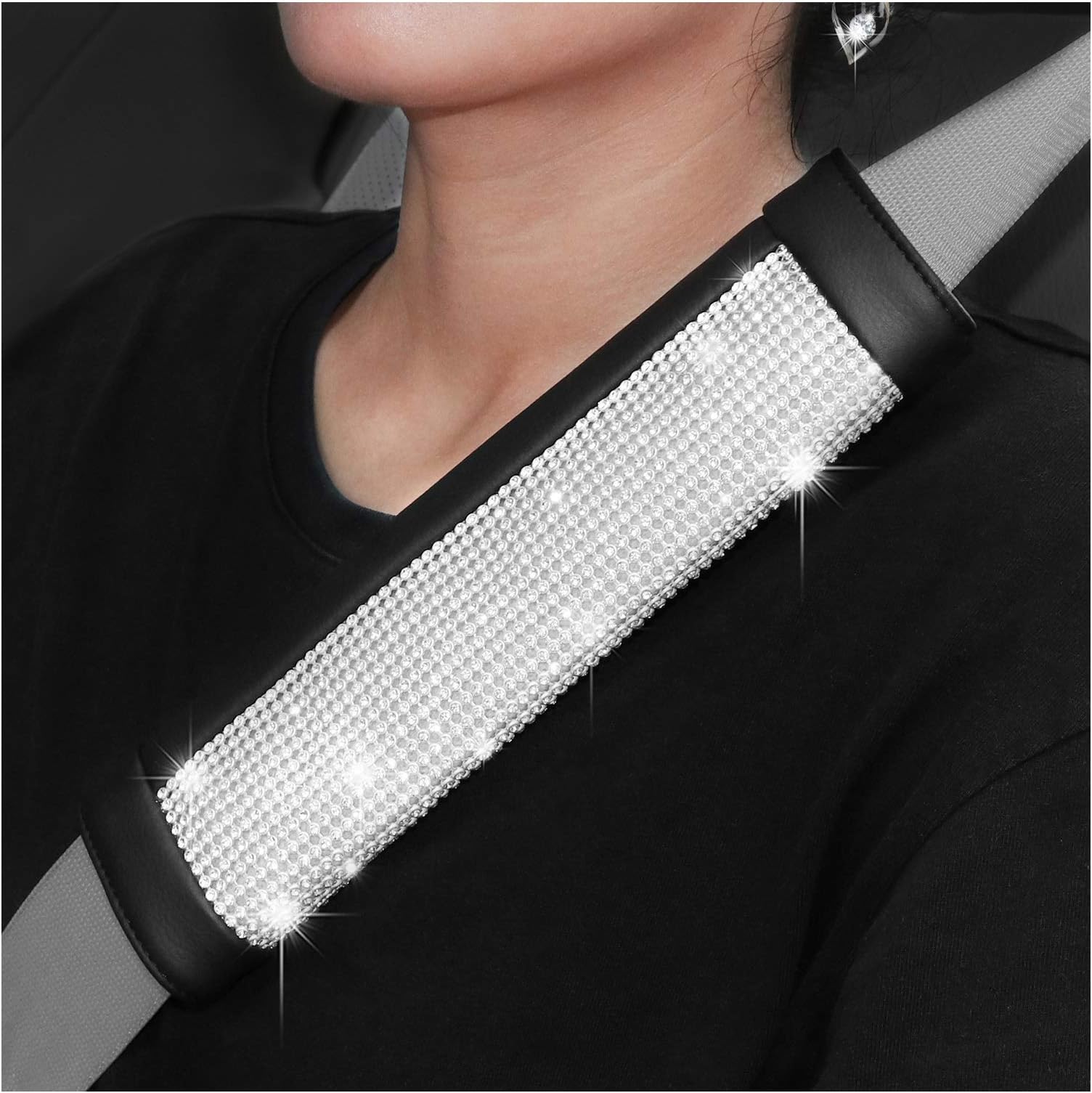 SEG Direct Diamond Seat Belt Pads Pack of 2, Black Microfiber Leather with Inlaid Silver Bling Bling Rhinestones