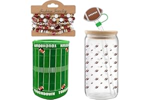 Football Theme Gift Set Football Glass Coffee Cup with Straw, Lid and Straw Cover, Cup Sleeve, 5Pcs of Themed Polymer Cay Str