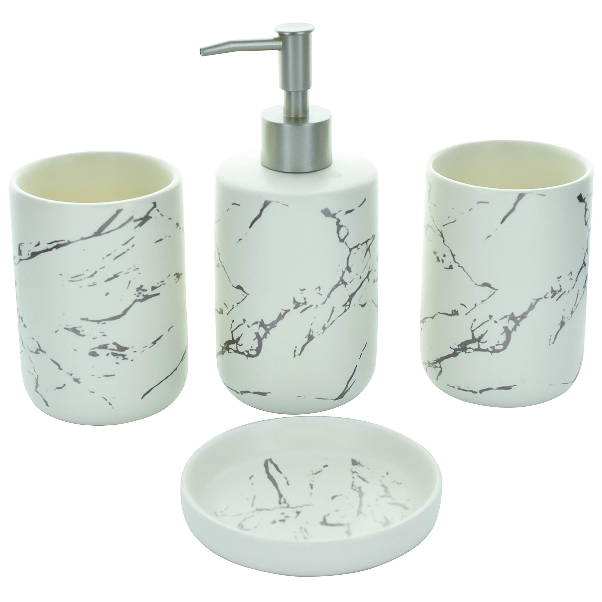 G Decor Designer 4-Piece Matt Cream White and Silver Marble Effect Ceramic Bathroom Accessory, Includes Liquid Soap or Lotion Dispenser, Toothbrush Holder, Tumbler, Soap Dish