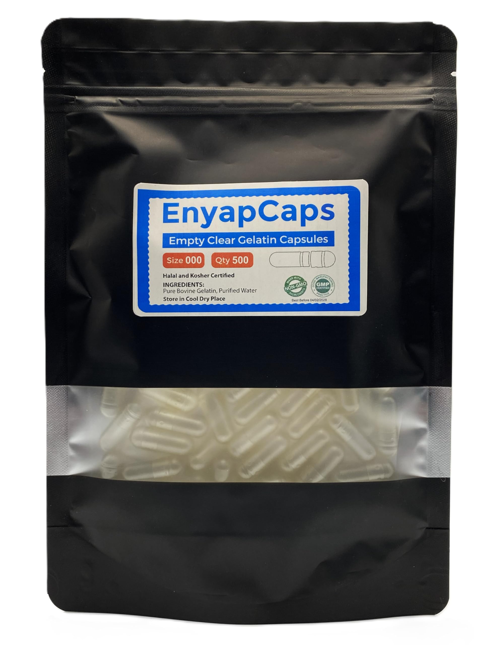 EnyapCaps Size 000 Empty Gelatin Capsules - 500 Count Clear Extra Large Halal & Kosher Certified Empty Pill Caps for DIY Supplement Filling