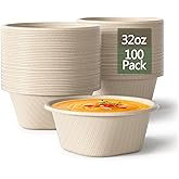 32 Ounce Large Paper Bowls Disposable Soup Bowl Disposable Heavy Duty Compostable Bowls, Eco-friendly Sugarcane and Bamboo Bagasse Biodegradable Bowl for Soup, Salad, Dessert, Ice Cream [100 Pack]