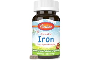Carlson - Kid's Chewable Iron, 15 mg, Superior Absorption, Blood Health, Energy Production & Optimal Wellness, Natural Strawberry Flavor, 60 Tablets
