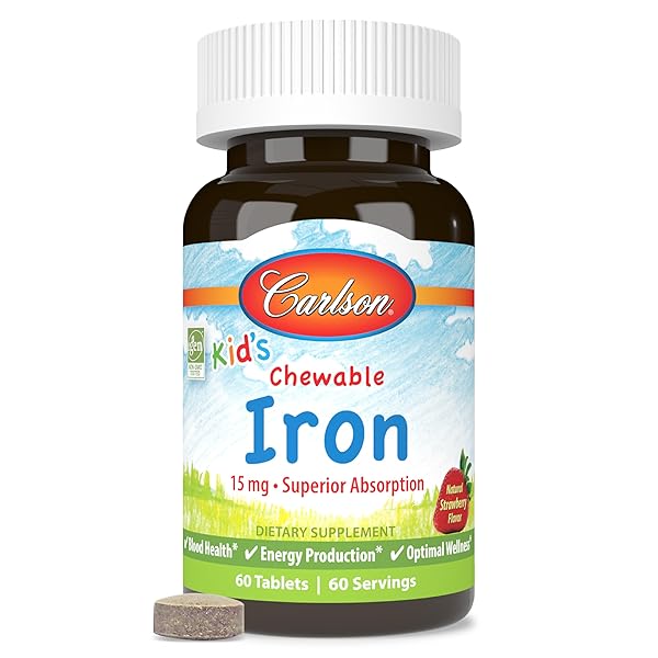 CARLSON – KID’S CHEWABLE IRON, 15 MG, SUPERIOR ABSORPTION, BLOOD HEALTH, ENERGY PRODUCTION & OPTIMAL WELLNESS, NATURAL STRAWBERRY FLAVOR, 60 TABLETS