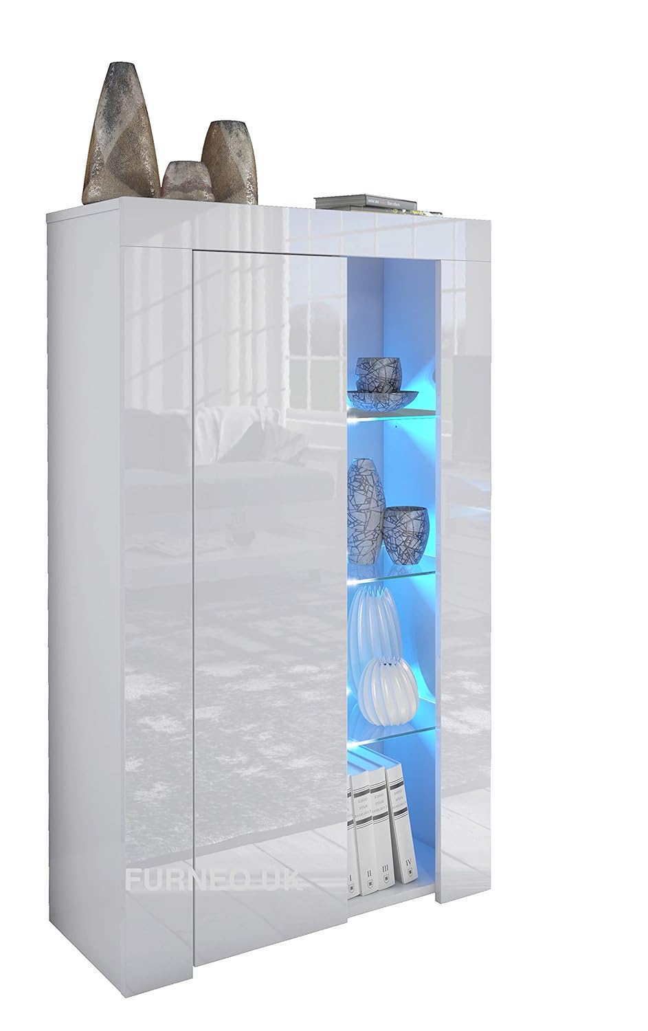 Furneo High Gloss Matt White Display Cabinet Cupboard Blue Led