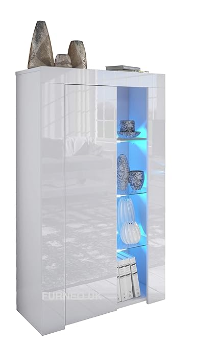 Furneo High Gloss Matt White Display Cabinet Cupboard Blue Led