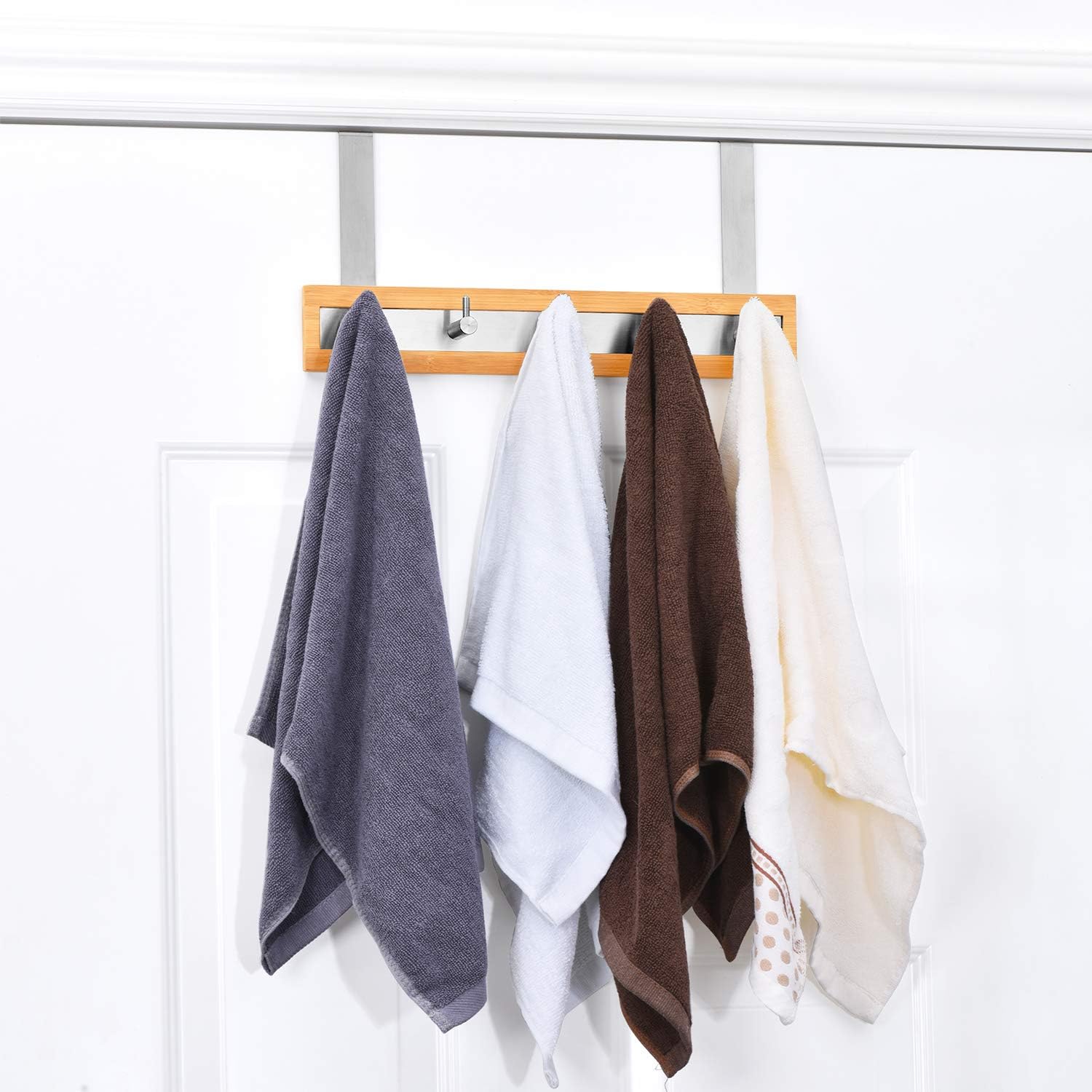 ToiletTree Products Bamboo Wood & Stainless Steel Over The Door Towel Rack, 5 Hooks: Kitchen & Dining