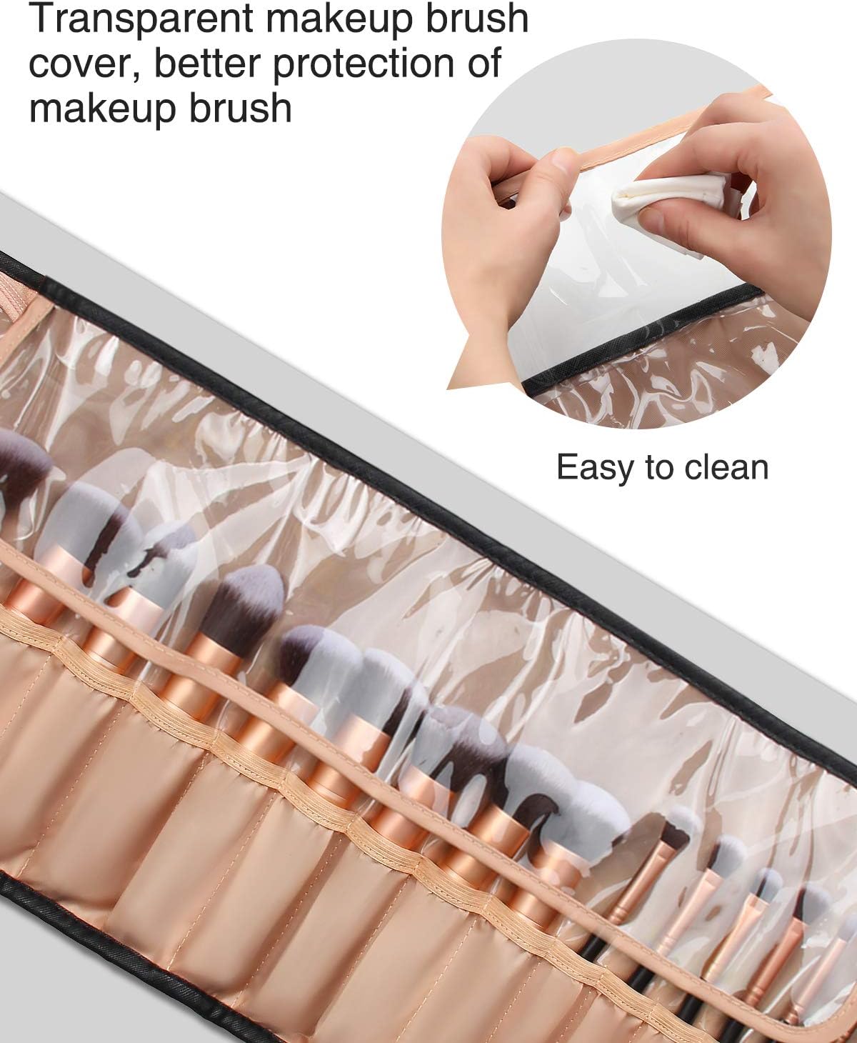 Relavel Makeup Brush Rolling Case Makeup Brush Bag Pouch Holder Cosmetic Bag Organizer Travel Portable Cosmetics Brushes Black Leather Case with Small Clear Bag : Beauty