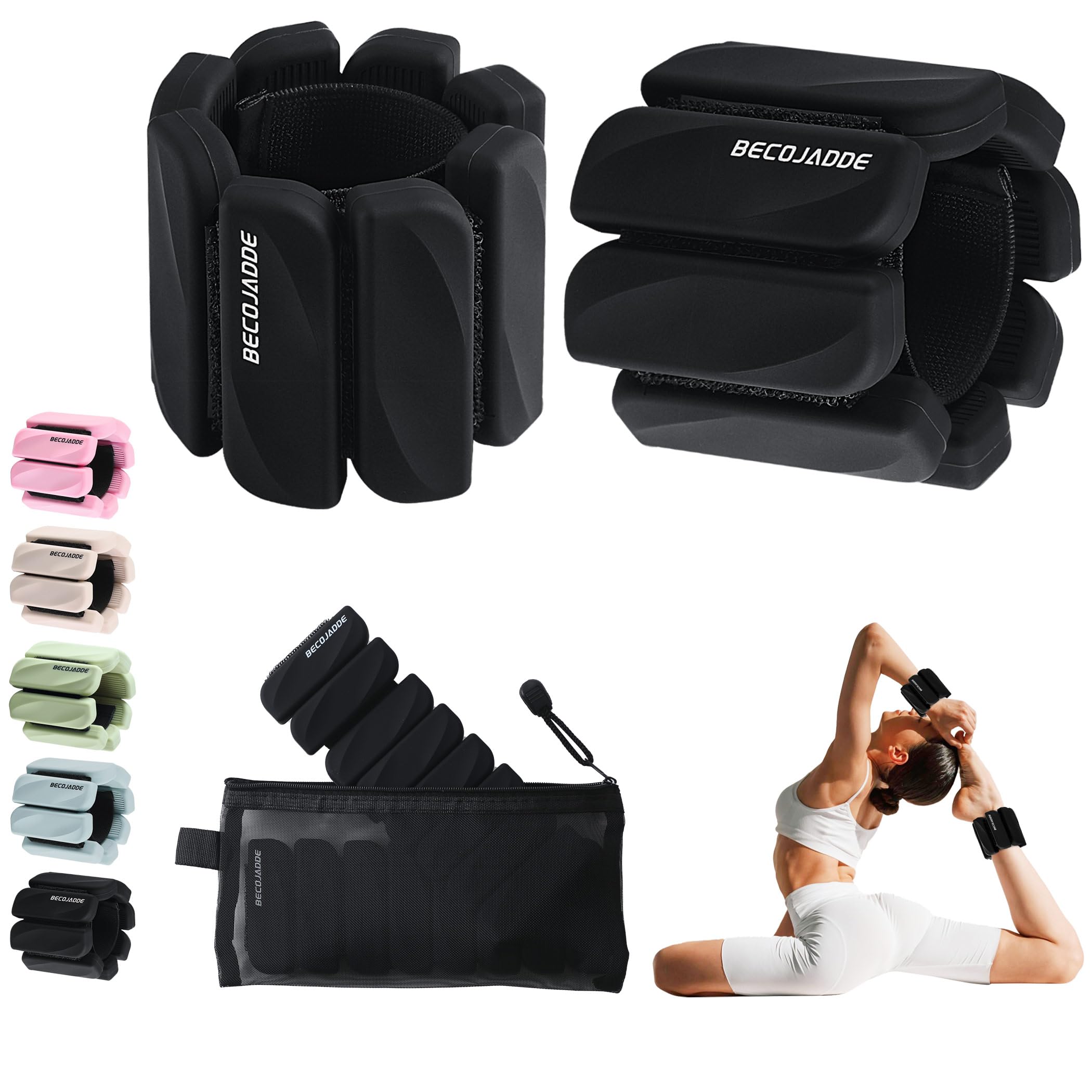 BECOJADDE Ankle Weights for Women Men Set of 2 (0.45 Kg Each) Adjustable Wrist Weights Bracelet for Home Gym Weighted Wristbands Leg Arm Weights for Walking Swimming Running Pilates Yoga Black