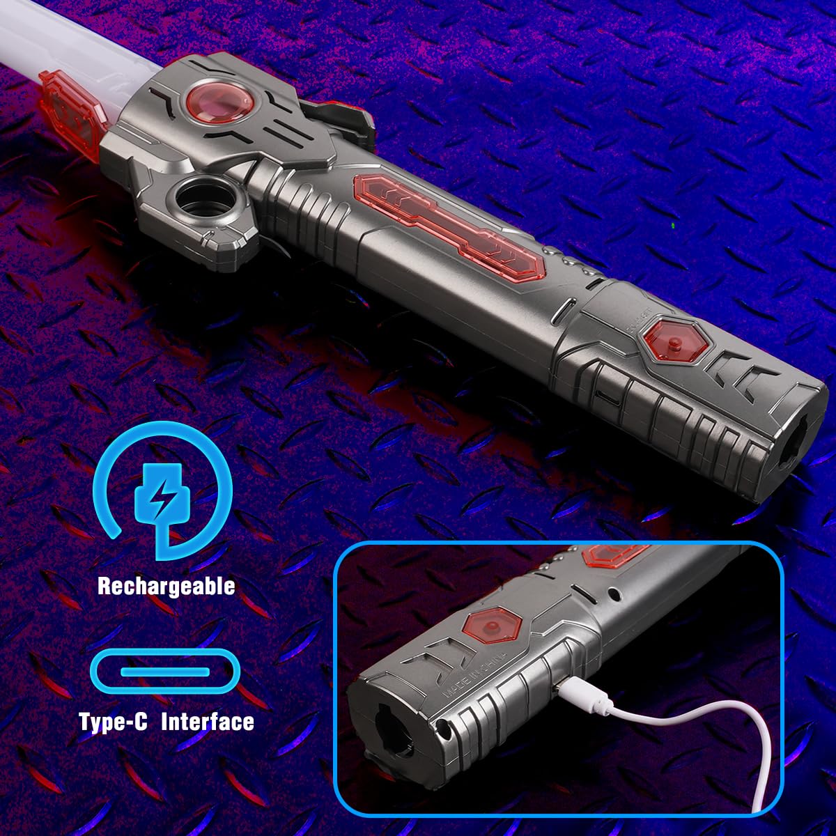VATOS Wiederaufladbare Lichtschwerter 2er Set für Kinder, 2-in-1 Retractable LED Laserschwert mit 15 Farben & Dynamischem Sound, für Kostüm Cosplay Geburtstagsgeschenk und Rollenspiel 7