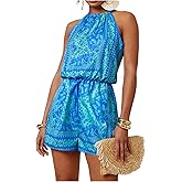 SweatyRocks Women's Allover Print Sleeveless Halter Jumpsuit High Waist Cami Romper with Pocket