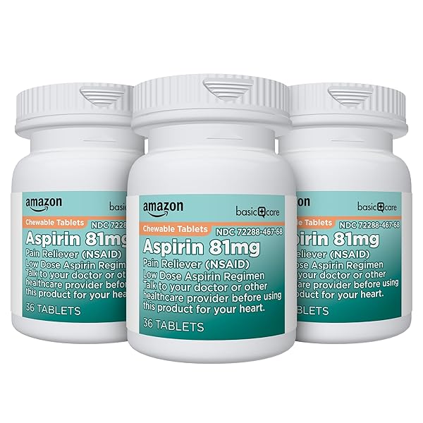 AMAZON BASIC CARE ASPIRIN 81 MG PAIN RELIEVER (NSAID) CHEWABLE TABLETS, LOW DOSE , ORANGE FLAVOR, 36 COUNT (PACK OF 3)