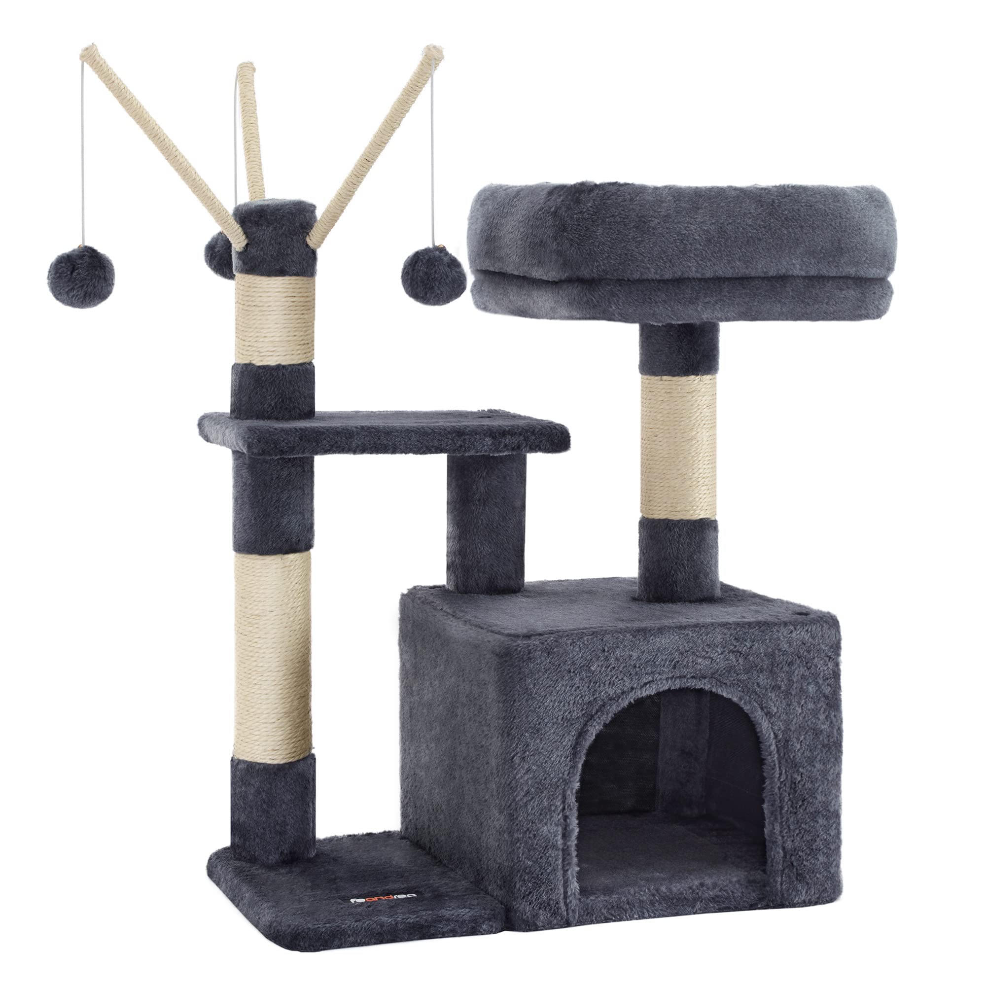 FEANDREA Cat Tree, Small Cat Condo, 72 cm, 3 Pompoms, Smoky Grey PCT121G01