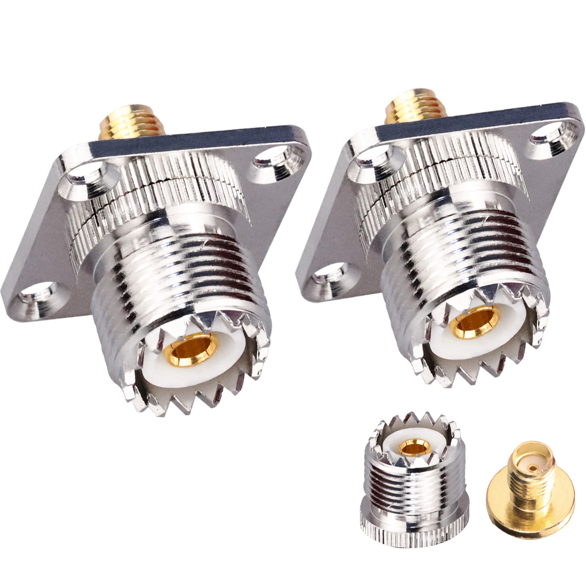 TUOLNK SMA Female to UHF Female Jack Panel Chassis Mount RF Coax Adapter SO239 PL259 UHF to SMA 4-Hole Flange Panel Mount Adapter for Jumper Cable SMA to UHF RF Coaxial Connector 2 Pack
