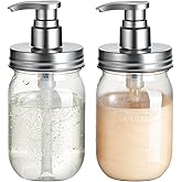 Amolliar Plastic Mason Jar Soap Dispenser with Pump Lid,16OZ Refillable BPA-Free Hand Soap Dispenser Set with Cute Lables, Farmhouse Decor for Kitchen Bathroom, Liquid Soap, Dish Soap (2 Pack, Silver)