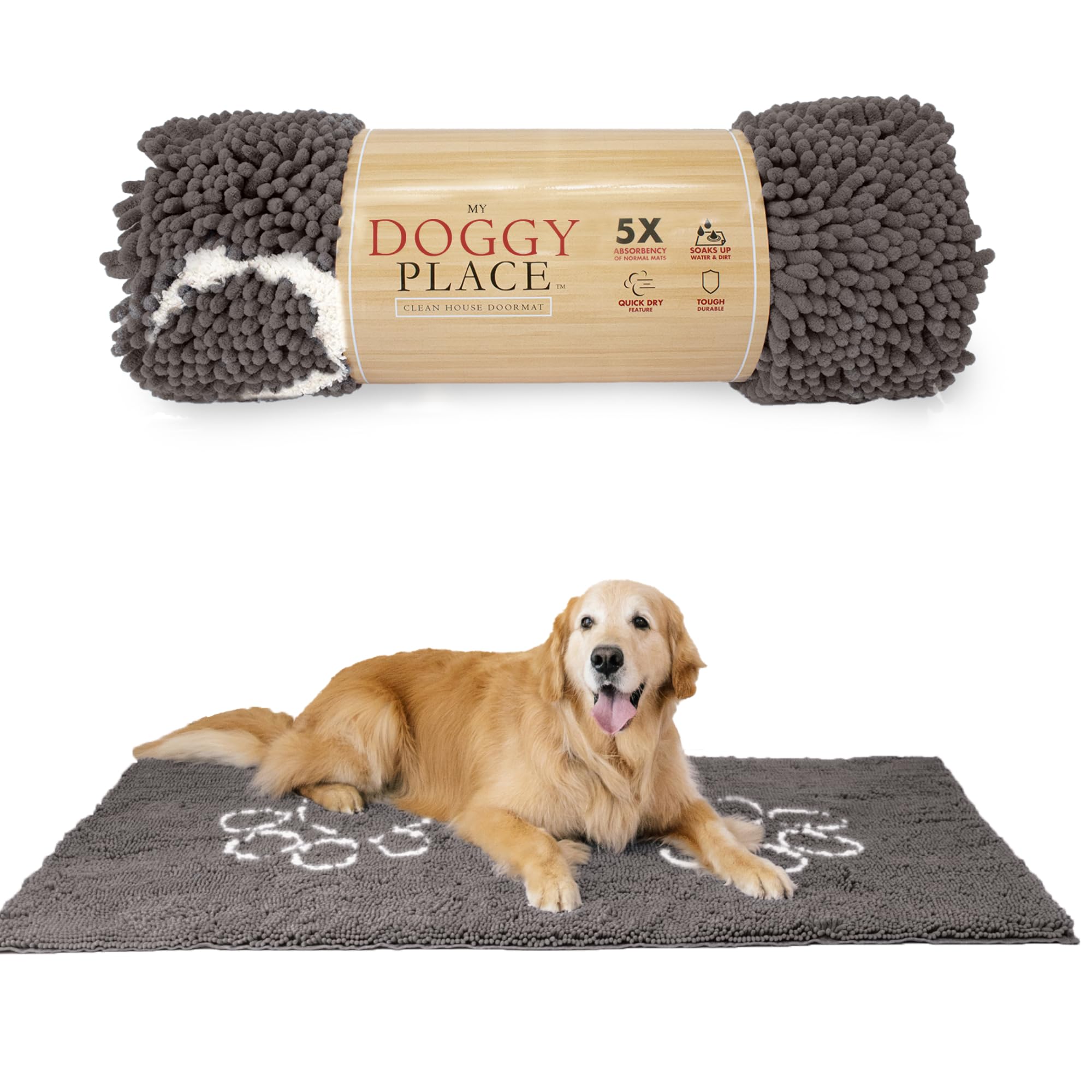 My Doggy Place Microfiber Dog Mat for Muddy Paws, 60" x 36" Ash with Paw Print - Non-Slip, Absorbent and Quick-Drying Dog Paw Cleaning Mat, Washer and Dryer Safe - X-Large/Runner Image