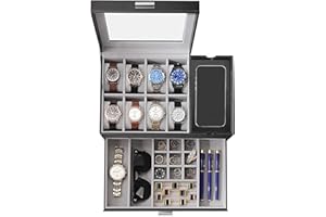Dajasan Watch Box, Watch Case for Men, 8 Slot Watch Display Case with Glass Lid, Large Watch Holder Organizer, Sunglass Storage Organizer for Watch, Ring, Jewelry, Gift Idea, PU Leather (Black)