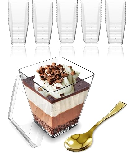 50 Coupes à Dessert Dorées + Cuillères - 60-70 Ml, Plastique Alimentaire, Réutilisables, Pour Fêtes
