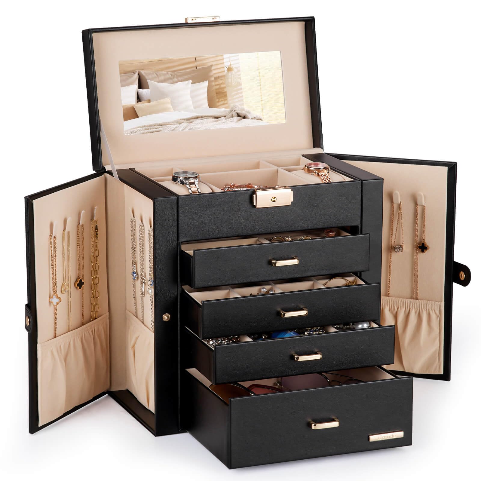 Photo 1 of Homde Synthetic Leather Huge Jewelry Box Mirrored Watch Organizer Necklace Ring Earring Storage Lockable Gift Case (Black + Gold)