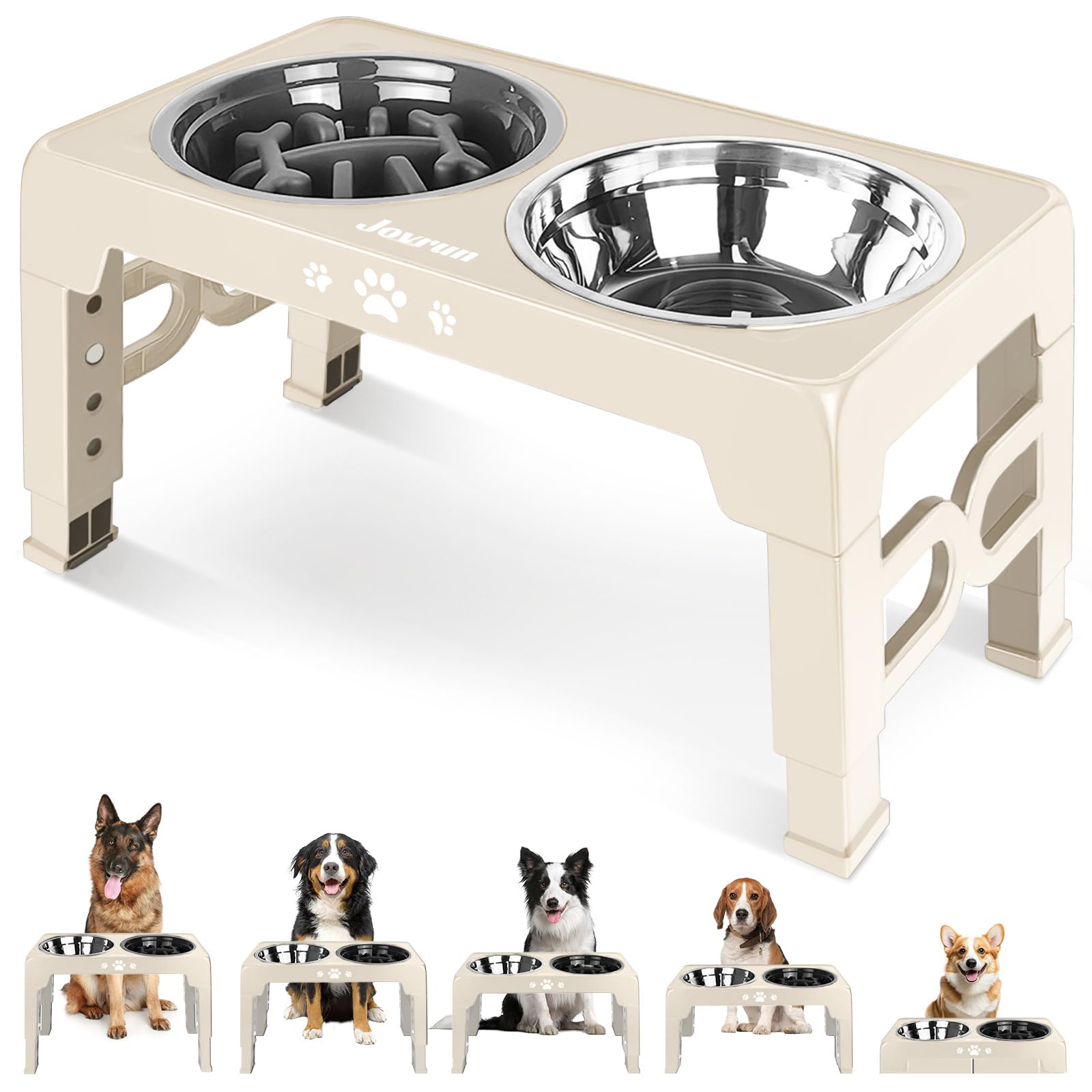 Photo 1 of Jovrun Elevated Dog Bowls, Dog Feeder with Stainless Steel Dishes & Slow Feeder Bowl, 5 Heights Adjustable Raised Stand for Medium Large, Food Dishes with Non-Slip Feet
