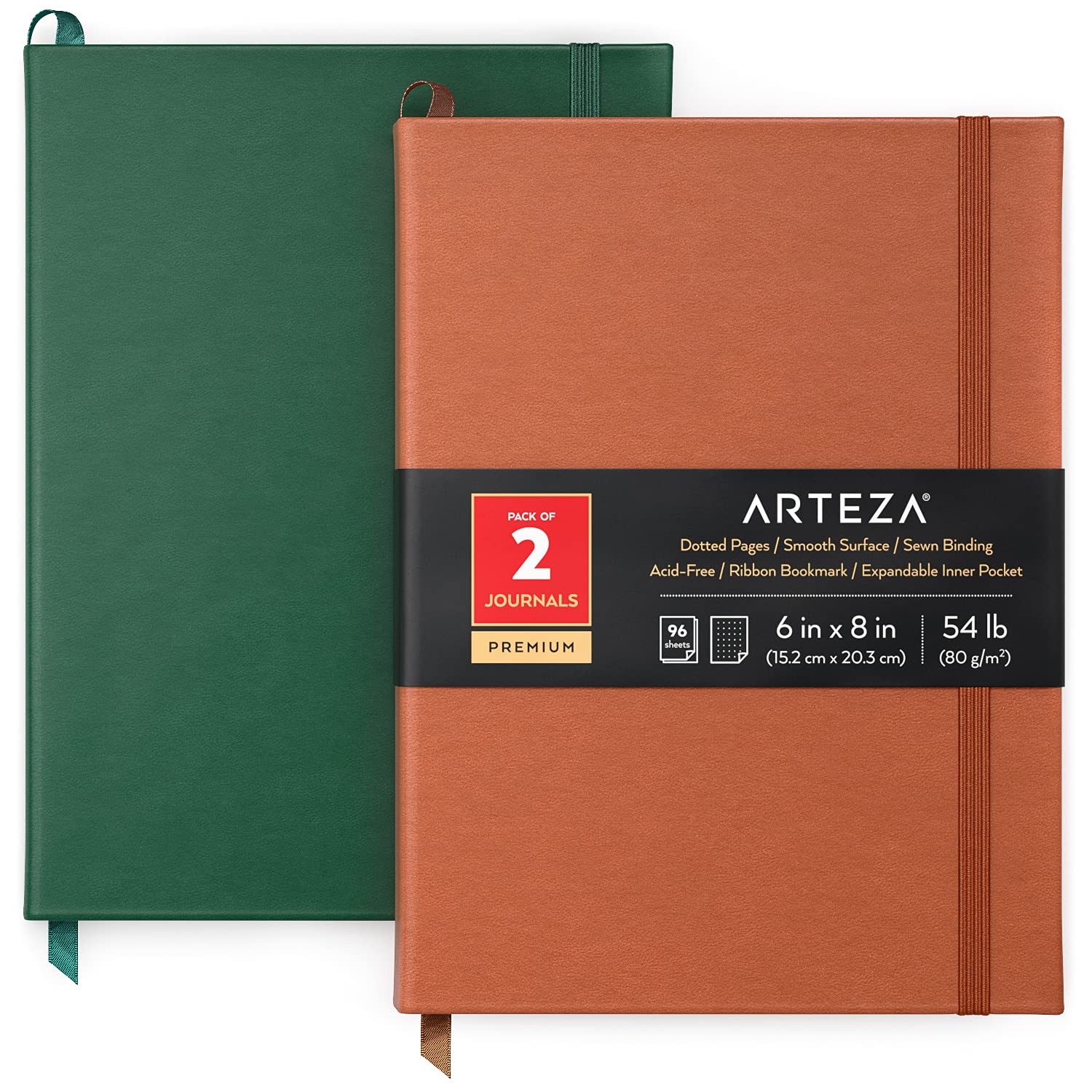 ARTEZA Dotted Notebook, Pack of 2, 15.2 x 20.3 cm, 96-Sheet Hardcover Journals, Hunter Green and Saddle, with 80-gsm Smooth Writing Paper for Bullet Journaling & Note Taking, White