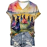 Susongeth Women's Midsummer Witches Gather T-Shirt Halloween Witch Party Shirts Short Sleeve Flowers Moon Graphic Tees