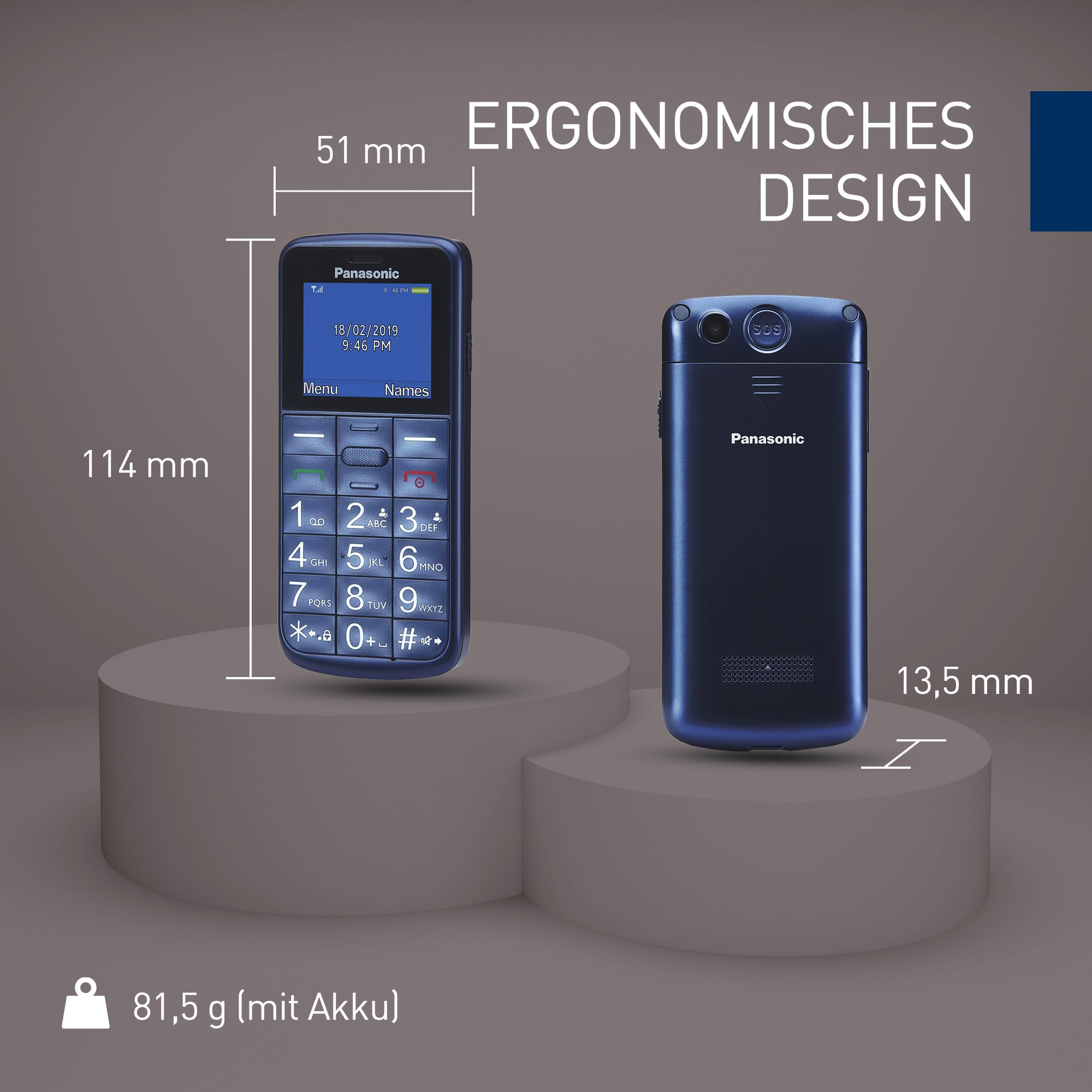 Panasonic KX-TU110EXC, 2G Seniorenhandy ohne vertag (Dual-SIM, Taschenlampenfunktion, große Tasten, Hörgerätekompatibel, SOS-Funktion) Blau