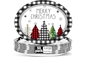QYEAHKJ 50 PCS Christmas Oval Paper Plates Large 11'' Disposable Christmas Black and White Party Decorations Heavy Duty Buffalo Plaid Tree Party Supplies Favors for Xmas Holiday Party Dinner Tableware Set