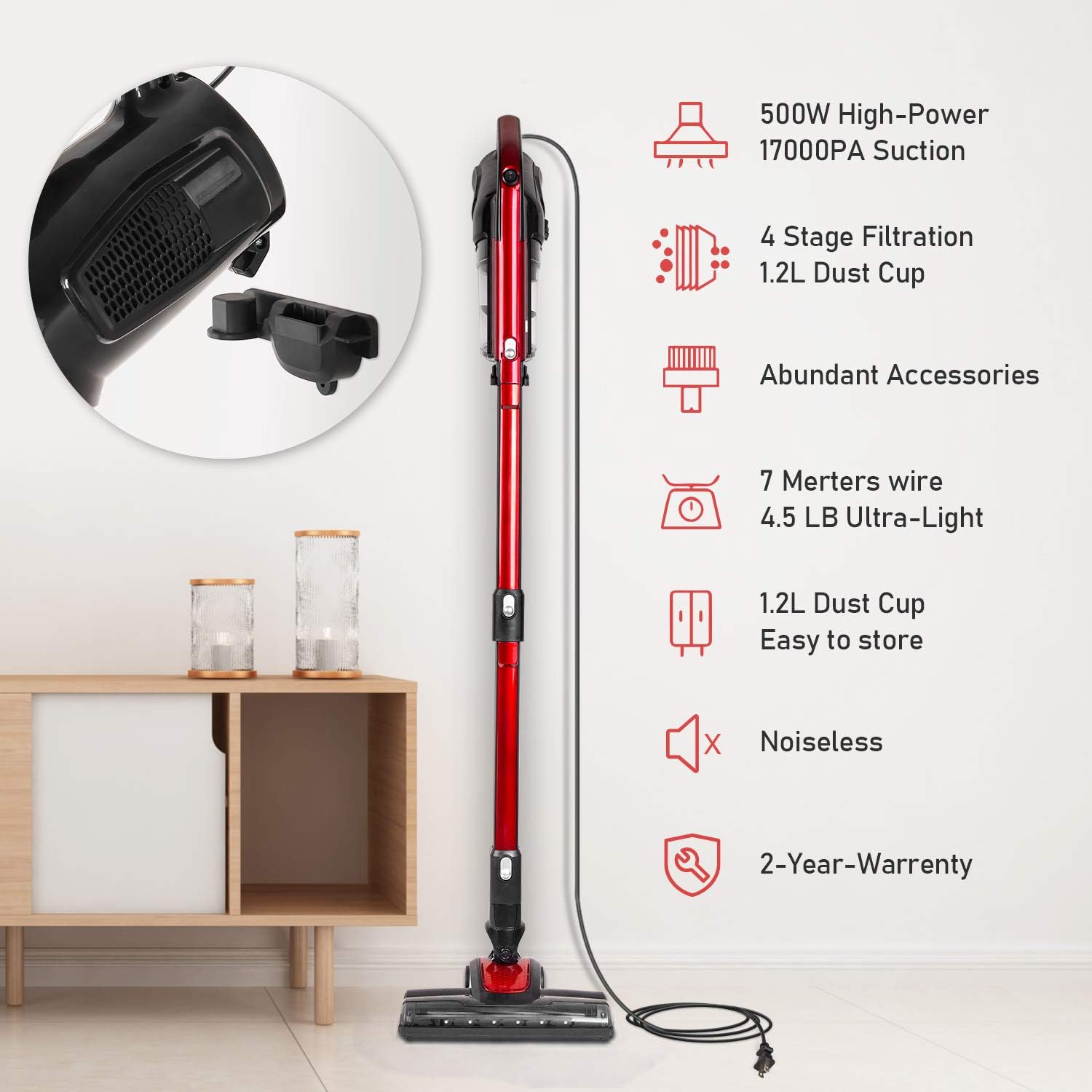 GeeMo Vacuum Cleaner, 4 in 1 Stick Vacuum 17Kpa Powerful Suction, with LED Electric Brush 1.2L High-Capacity Quiet Vacuum, with HEPA Quadruple Filter for Deep Clean Pet Hair Carpet Hard Floor - H595 -