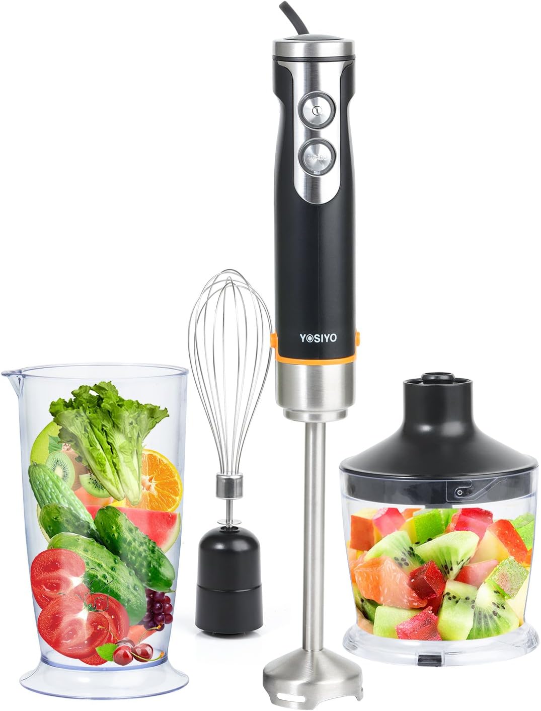 Hand Held Blenders 4 in 1 Set with 500ml Food Processor, 700ml Measuring Cup and Whisk Attachment for Soup, Smoothie Maker and Baby Food, Stainless Steel Blades-Black