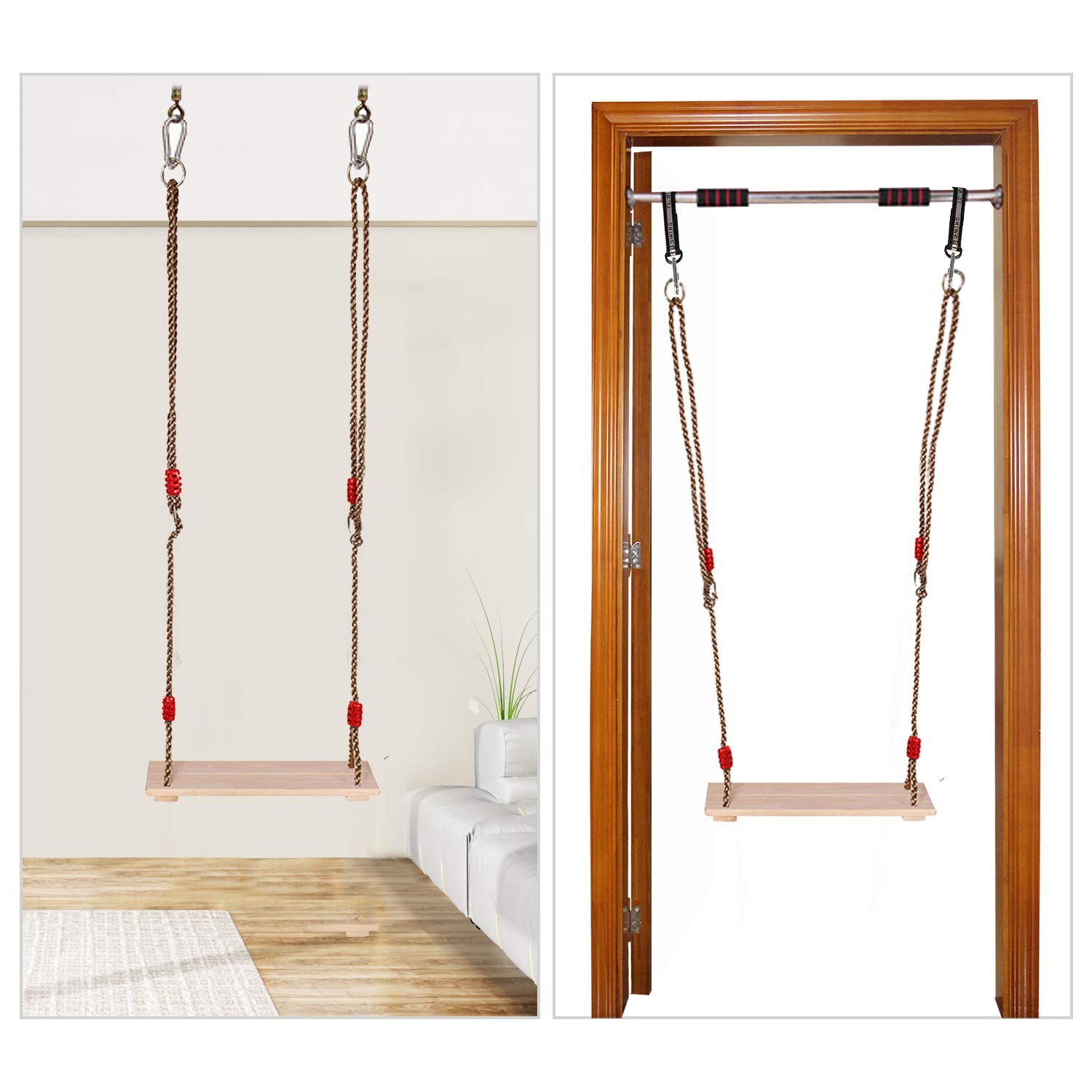 RedSwing Wooden Swing Seat, Wood Tree Swing Seat for Kids Indoor Outdoor, Backyard Swing Set Replament Hanging Swing with Adjustable Rope and Complete Accessories