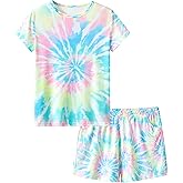 Topgal Summer Pajamas for Little/Big Girls – Swirl Tie Dye Butterfly Design Kids' Short Sleeves & Shorts PJS Size 6-18