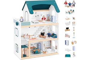 OOOK Wooden Dollhouse with Liftable Elevator - 2.6 Feet High Modern Doll House for Kids Toddlers - Including 21 Furniture Pie