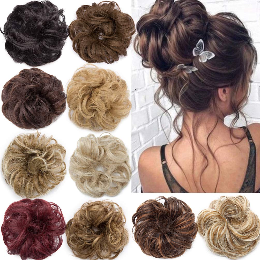 Messy Hair Bun Hair Scrunchies Extensions Curly Wavy Hairpiece Synthetic Chignon for Women Updo Ponytail Bun Extension Strawberry Blonde mix Platinum Blonde