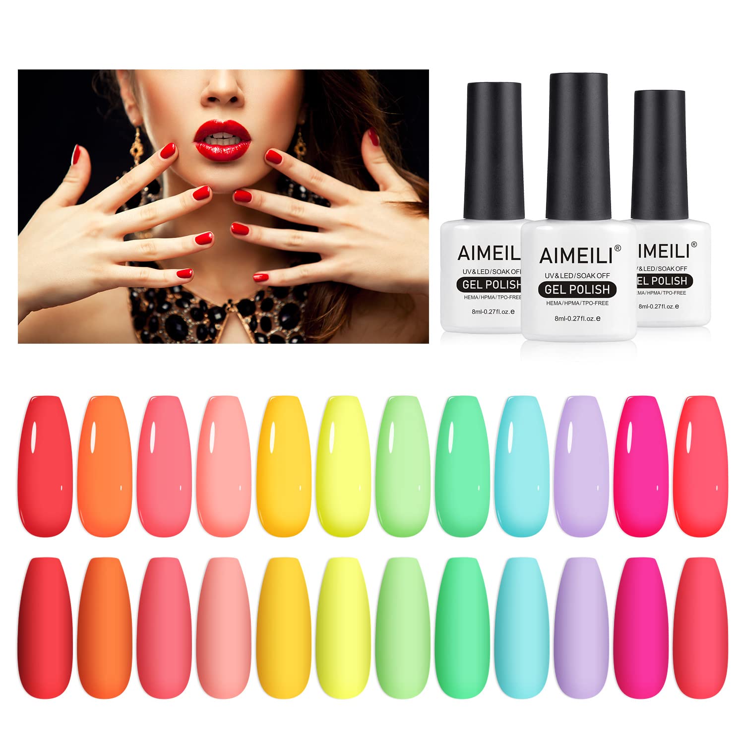 AIMEILI Neon Gel Nail Polish Set, 8ml 12 Colours Spring Summer Pink Red Orange Green Blue Purple Gel Polish Soak Off UV LED Gel Nail Polishes Nail Art Gel Polish Gift Kit 26