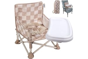 Tiny Marvels Portable 3-in-1 Baby Chair, Cozy Booster Seat, Baby Seat with Tray, Compact Foldable, Toddler Chair with Child Safety Belt Carry Bag, Perfect for Travel (Sand Checker)