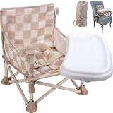 Tiny Marvels Portable 3-in-1 Baby Chair, Cozy Booster Seat, Baby Seat with Tray, Compact Foldable, Toddler Chair with Child Safety Belt Carry Bag, Perfect for Travel (Sand Checker)