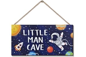 ZIEYOMI- Little Man Cave Sign Space Boys Room Decor, Astronaut Theme Bedroom Nursery Decor Hanging Wall Art, Wooden Plaque Outer Space Decorations for Toddler Boys Room Kids Playroom