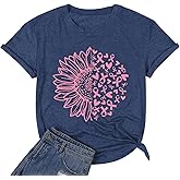 Womens Breast Cancer Awareness T Shirts Cute Love Heart Ribbon Graphic Print Tee Inspirational Short Sleeve Tops