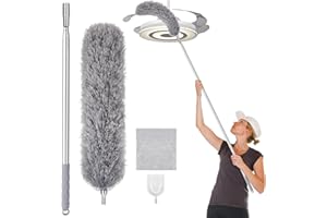 Wlich Feather Duster with 30-100 Inches Adjustable Long Pole,Extendable Feather Duster for Cleaning Ceiling Chandelier,Furniture, Blinds and Furniture